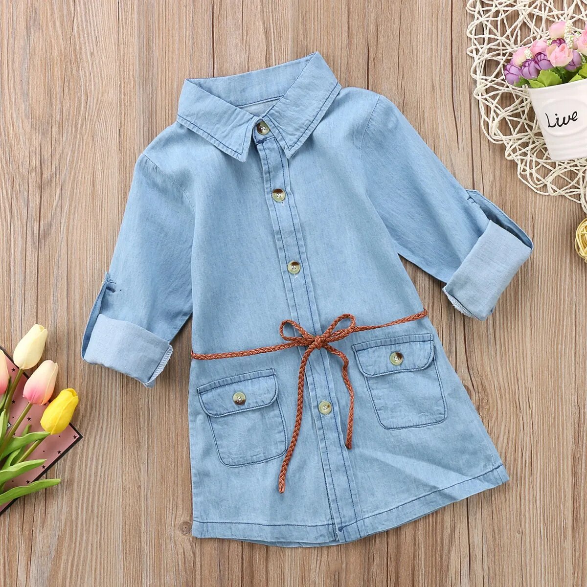 Denim Long Sleeve Mini Dresses with Belt
