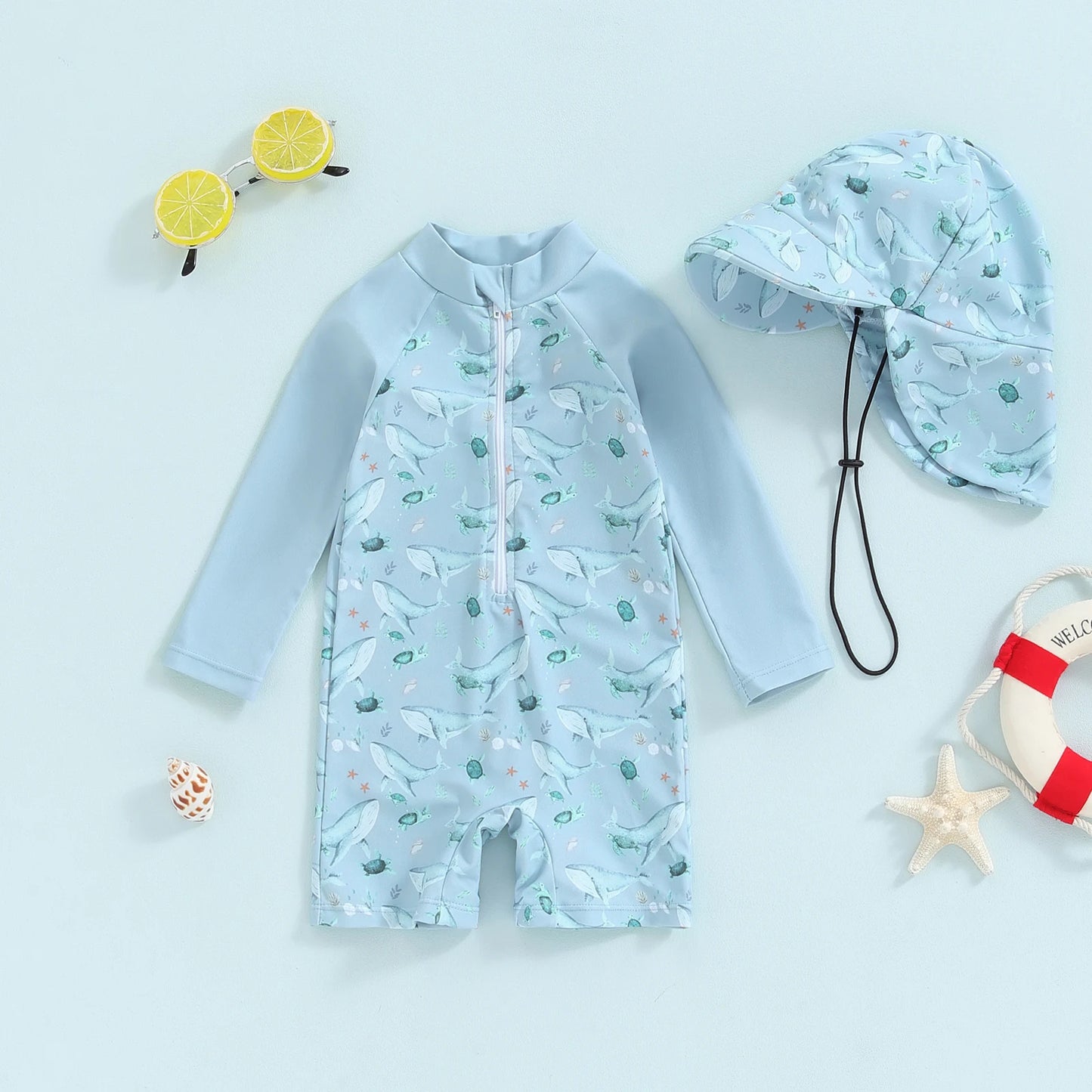 Dinosaur Print Long Sleeve Swimwear + Sun Hat