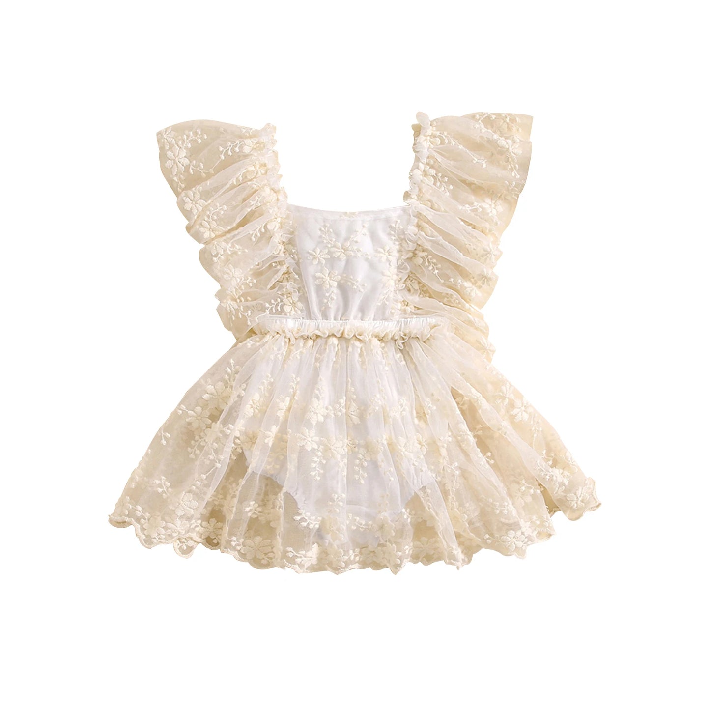 Baby Girl Princess Lace Romper with Layered Skirt & Snap Bottom
