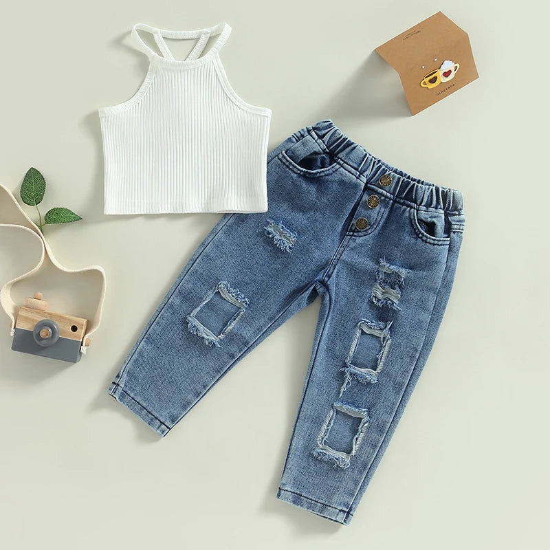 Girls Sleeveless Camisole & Ripped Jeans Outfit Set