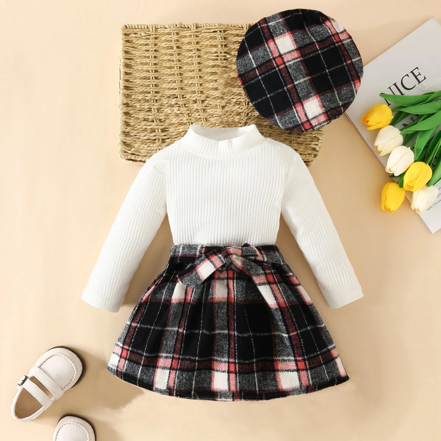 Baby Girls Clothes Sets Tops and Plaid Skirt with Beret