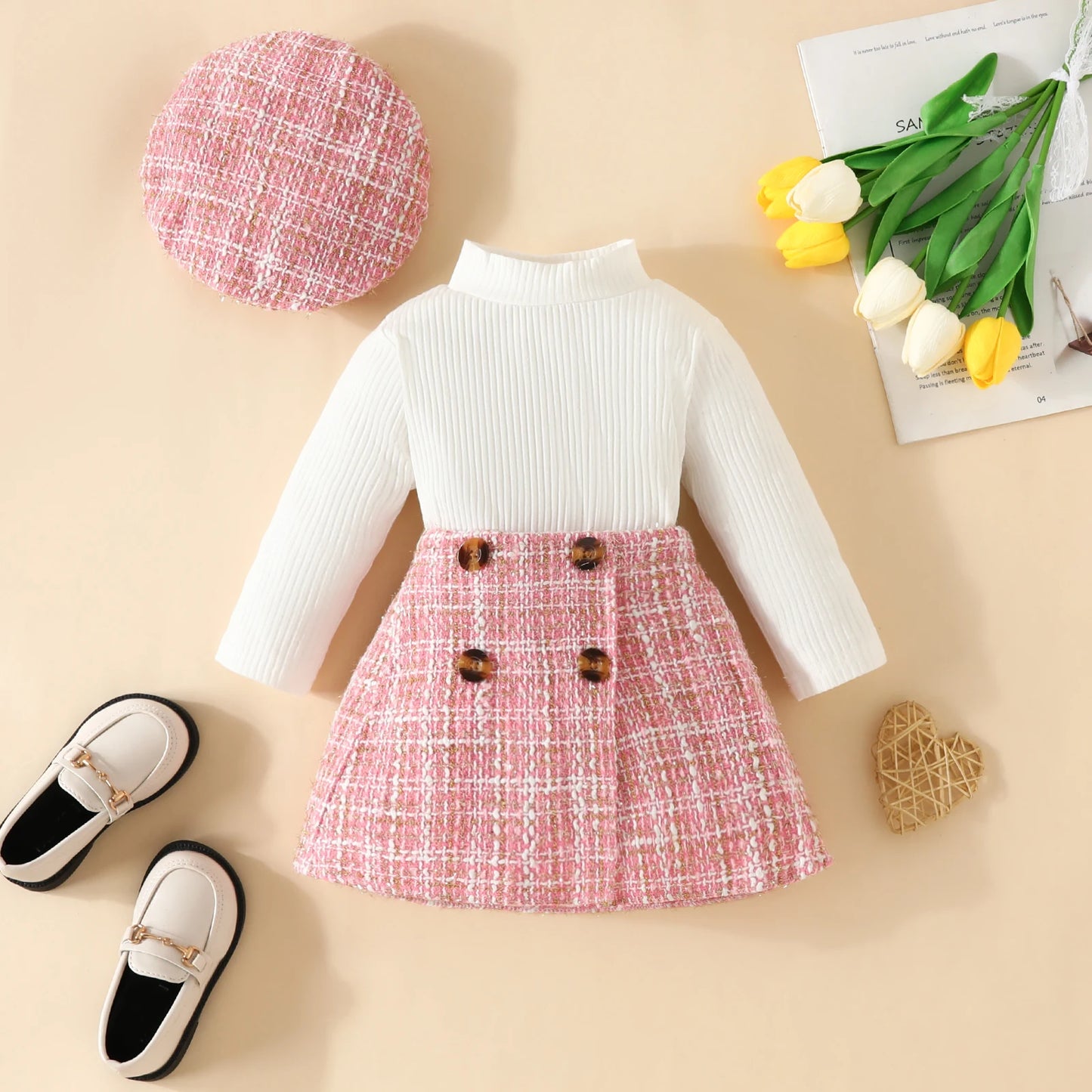 Baby Girls Clothes Sets Tops and Plaid Skirt with Beret