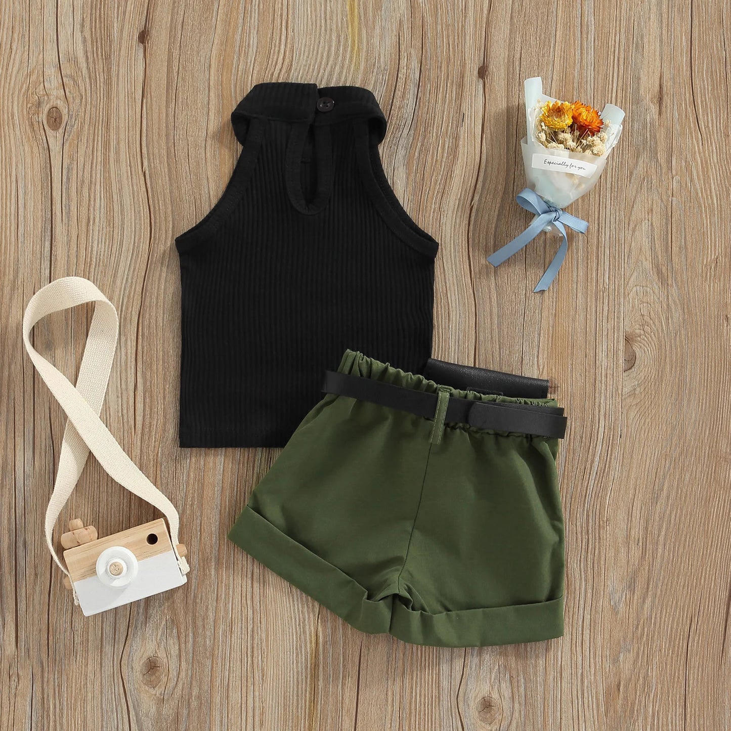 Baby Girls Sleeveless Halter Tops with Shorts and Waist Bag
