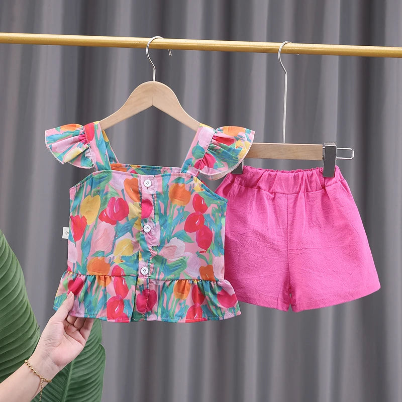 Baby Girls Summer 2-Piece Set Ruffle Floral Top & Shorts