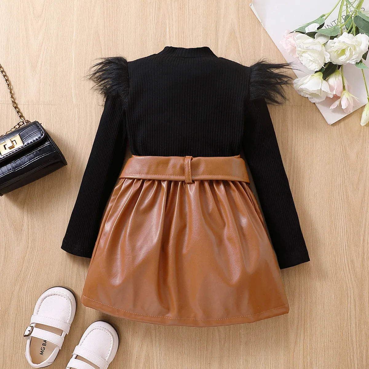 Fall collection Leather Skirt with Fur Tops