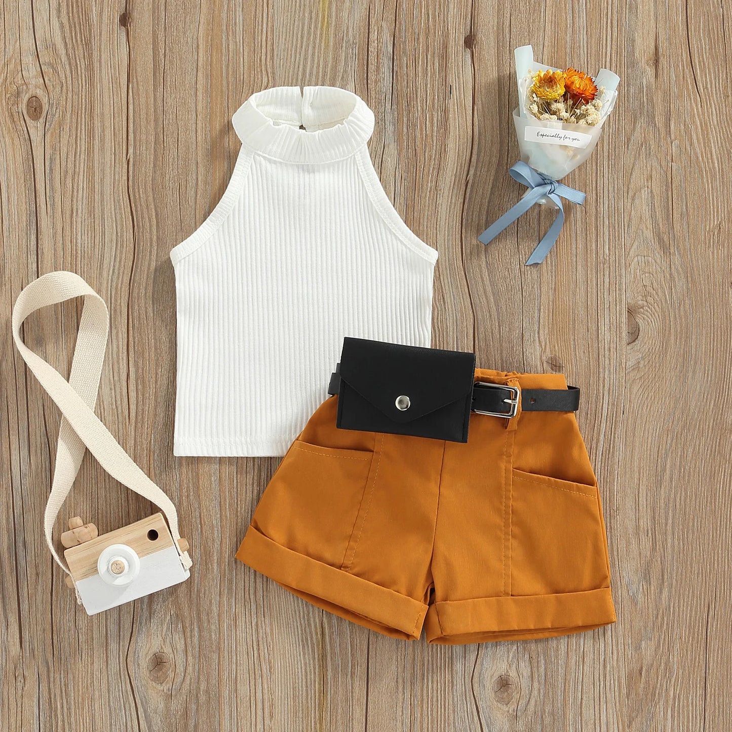 Baby Girls Sleeveless Halter Tops with Shorts and Waist Bag