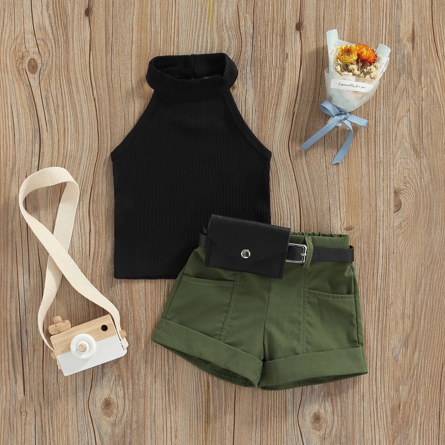 Baby Girls Sleeveless Halter Tops with Shorts and Waist Bag