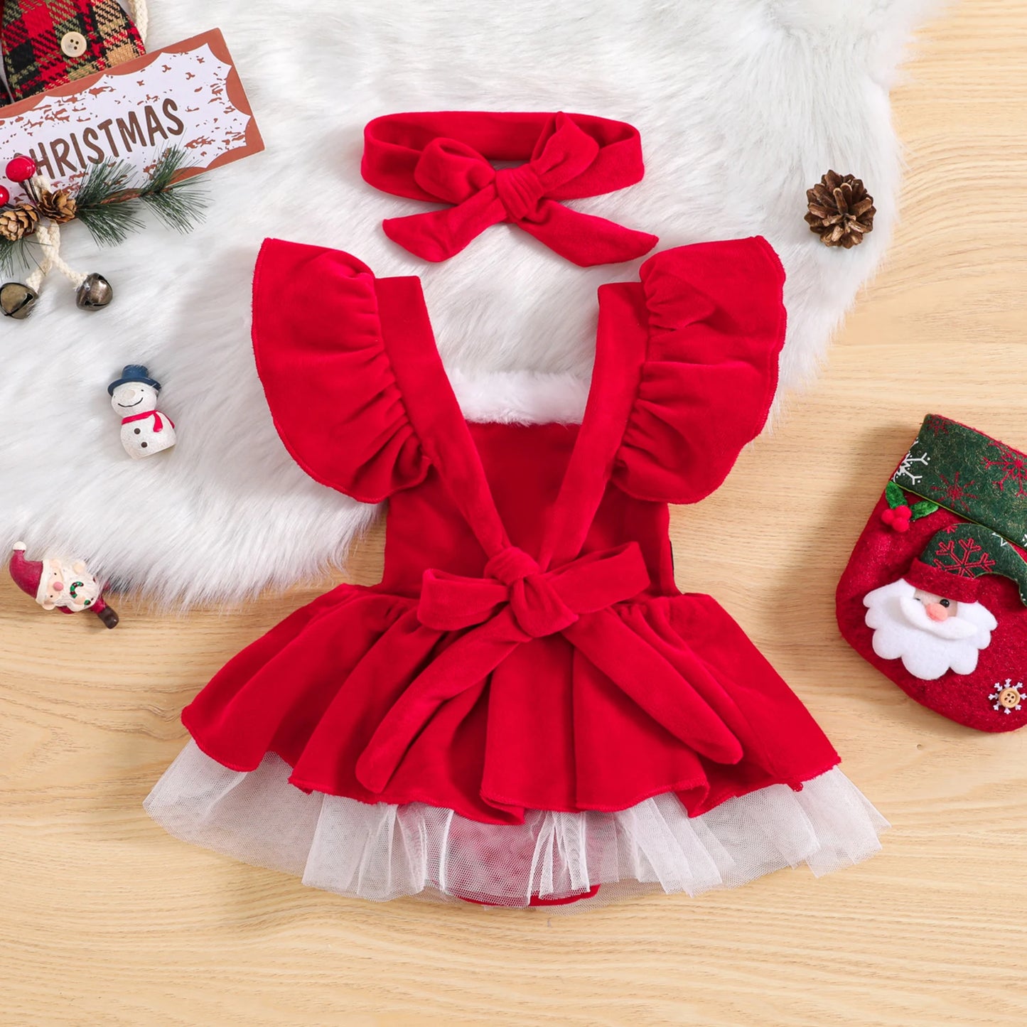 Christmas Baby Girls Velvet Dress + Hairband