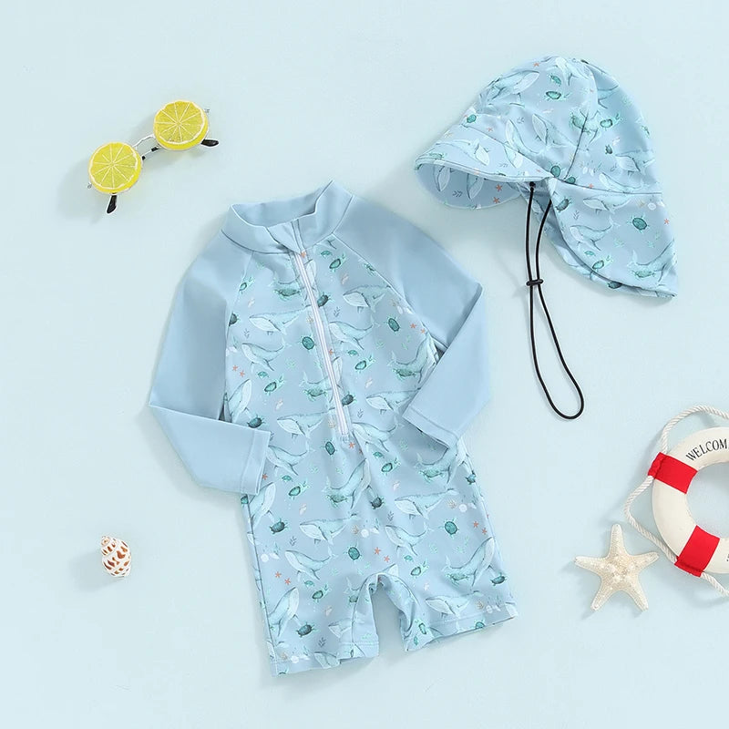 Dinosaur Print Long Sleeve Swimwear + Sun Hat
