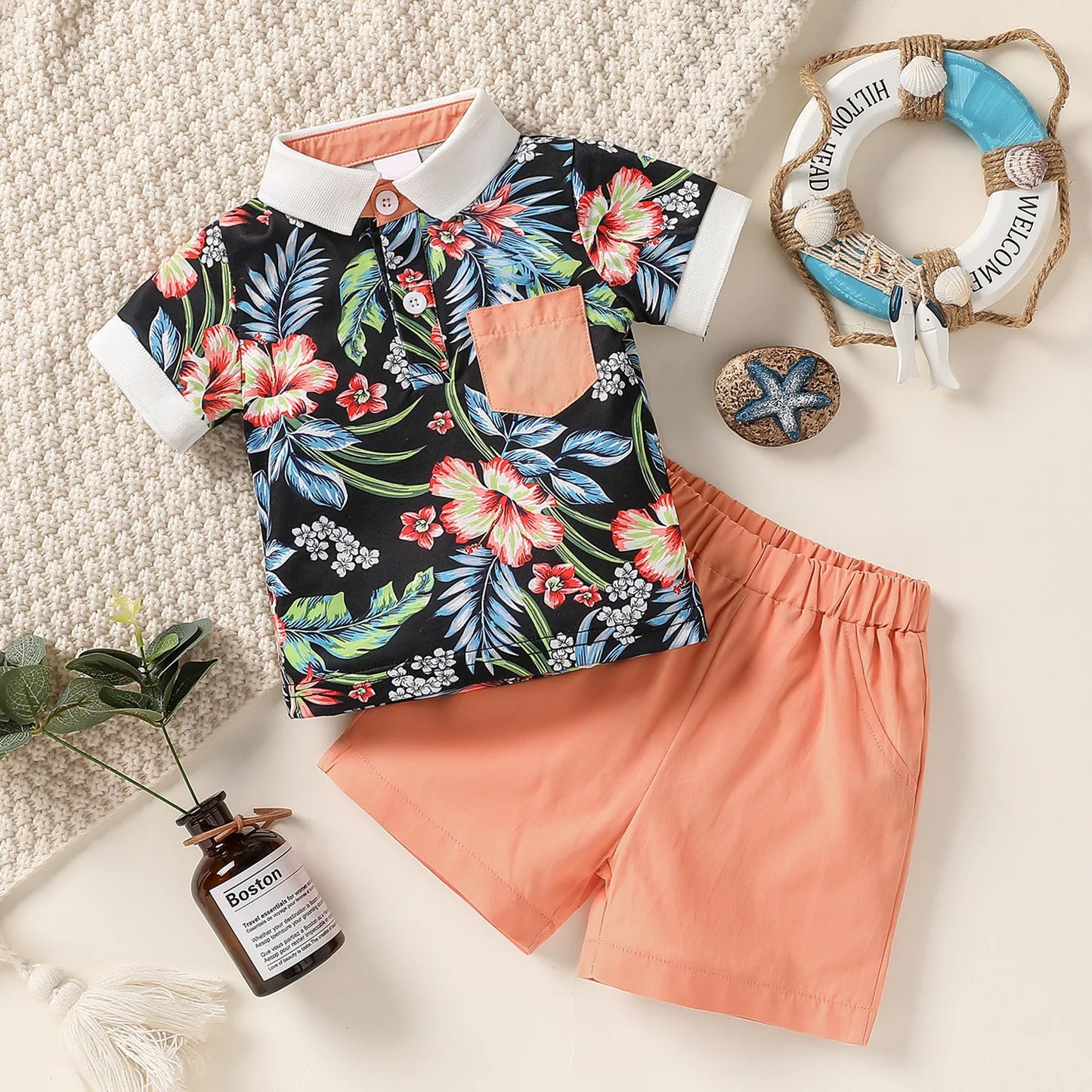 Baby Boys 2Pcs Short Sleeve Top with Floral Pocket and Pants Set