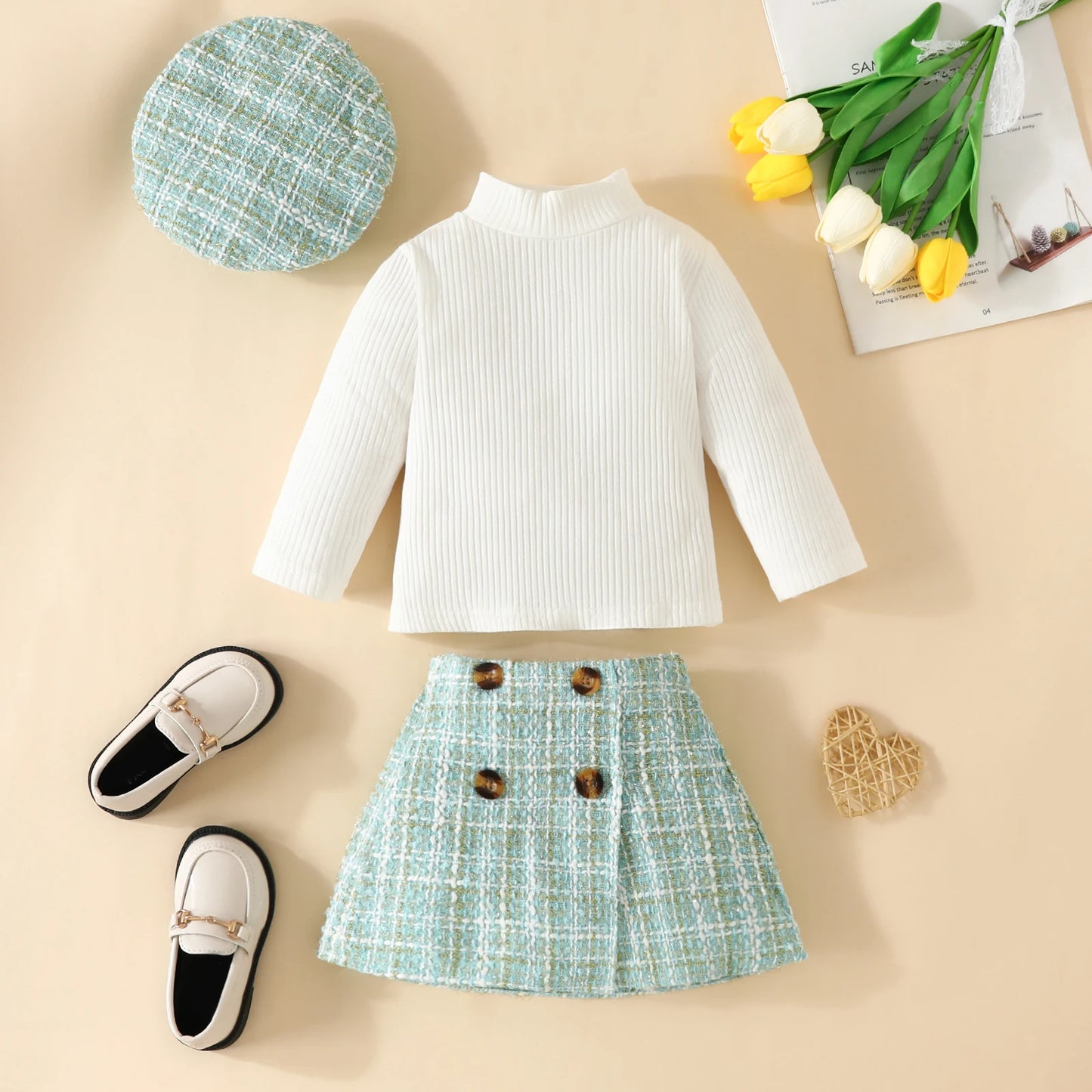 Baby Girls Clothes Sets Tops and Plaid Skirt with Beret