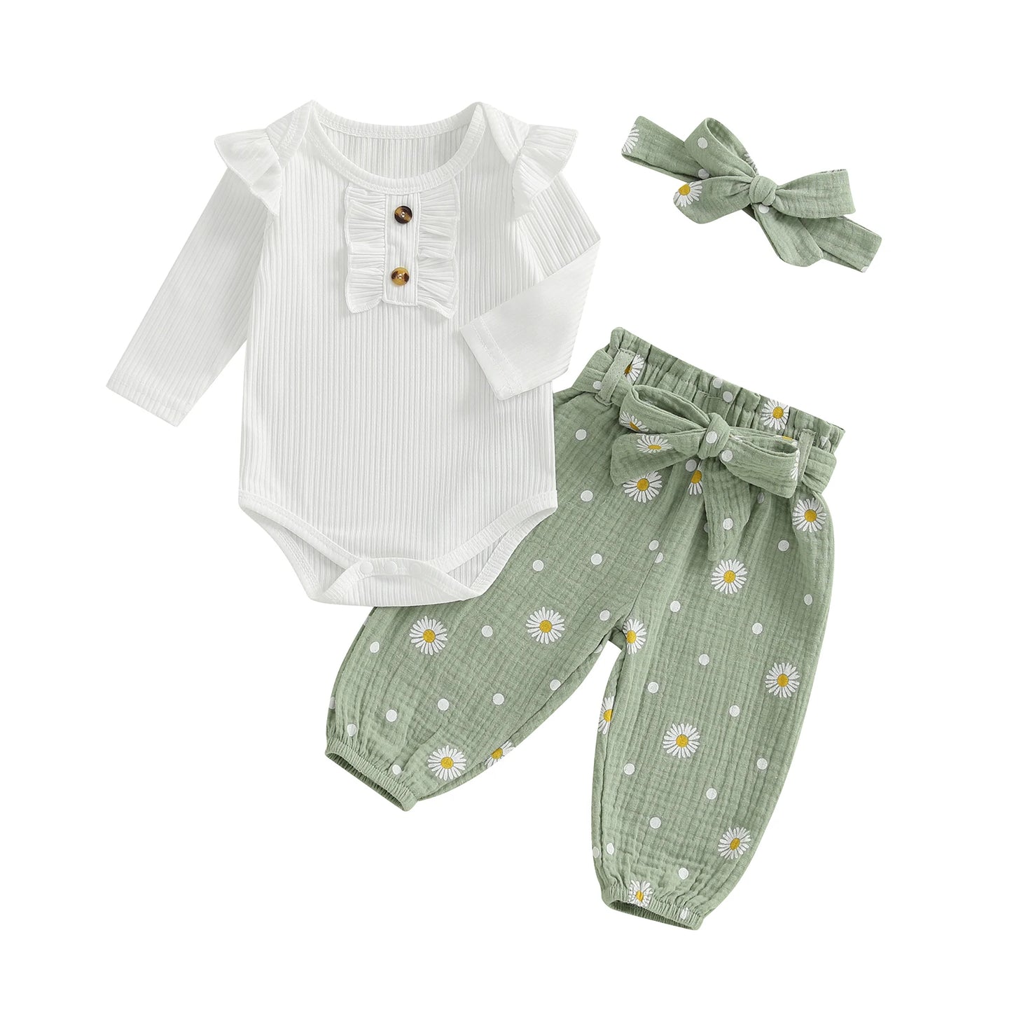 Ruffled Long Sleeve Romper + Daisy Print Pants + Bow Headband + Belt