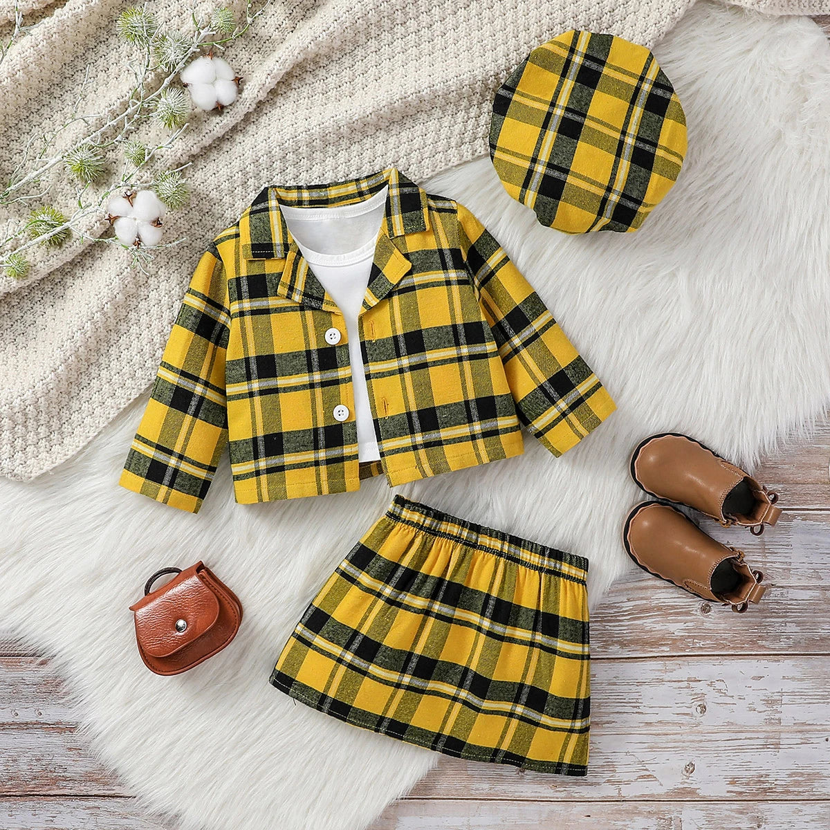 3Pcs Baby Girls Plaid Outfit ā Shirt, Skirt & Hat Set