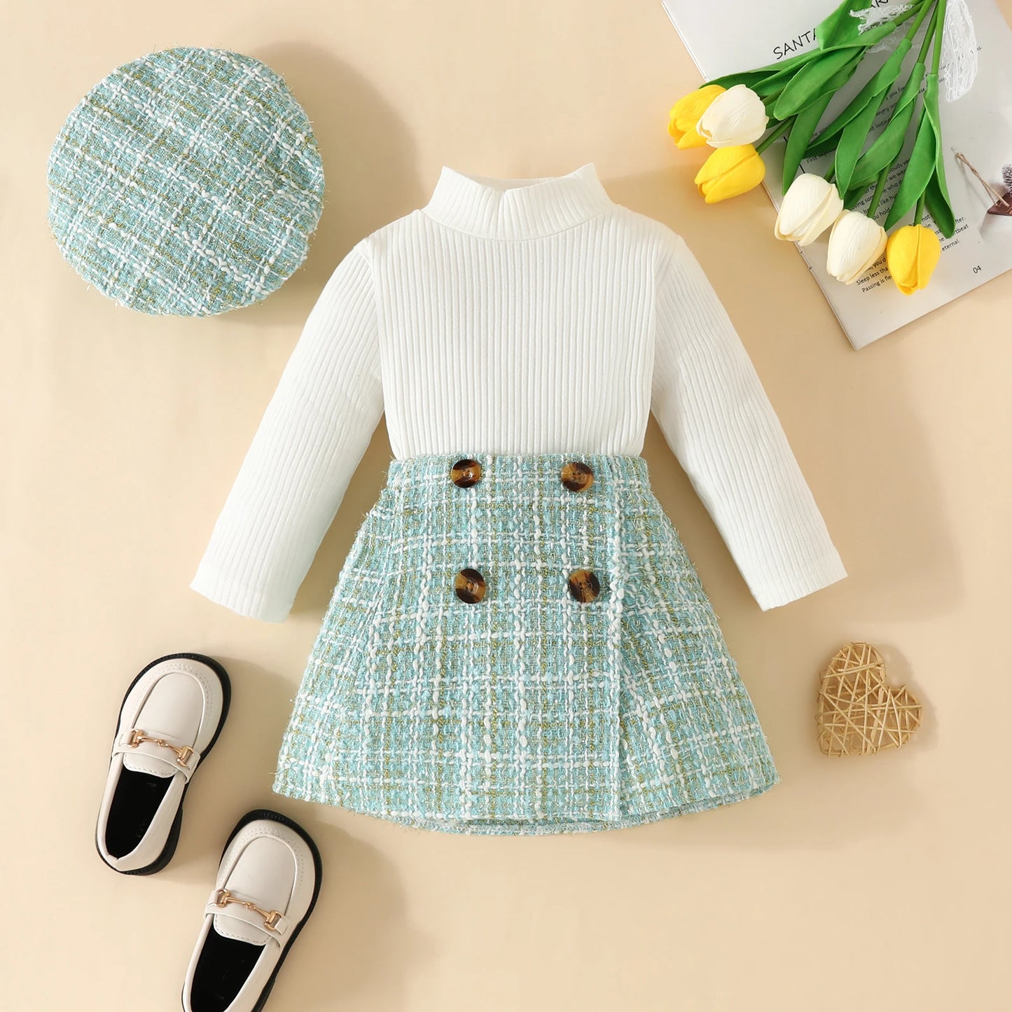 Baby Girls Clothes Sets Tops and Plaid Skirt with Beret