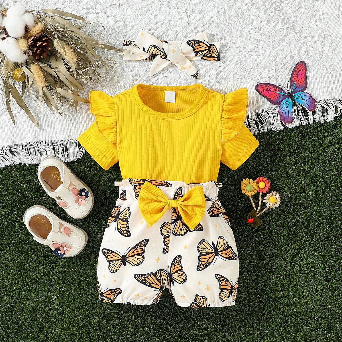 Yellow Shirt Butterfly Shorts Set