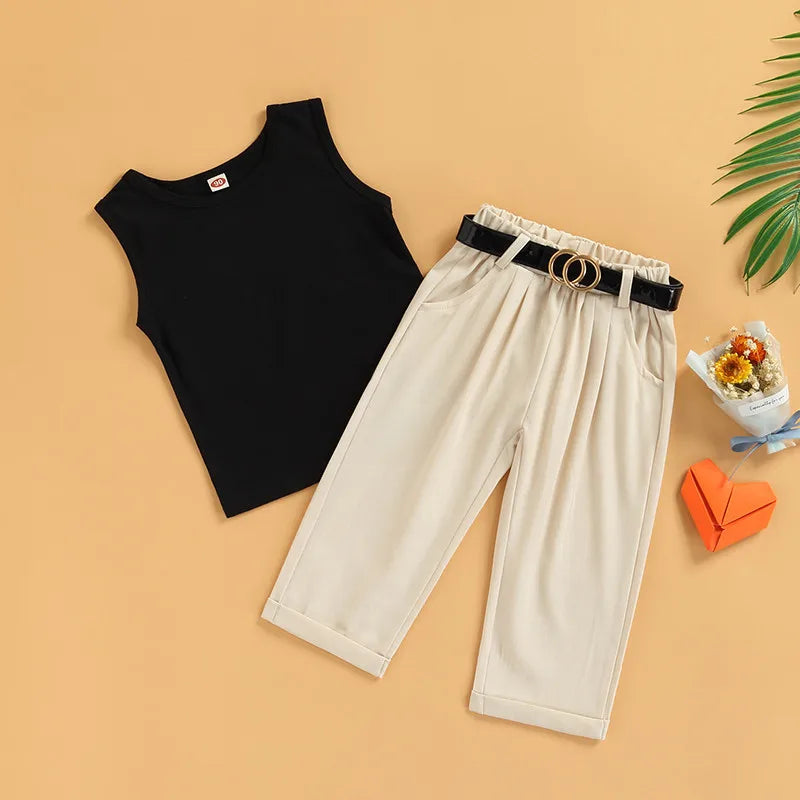 3pcs Outfit Sleeveless Tank Tops, Pants and Belt