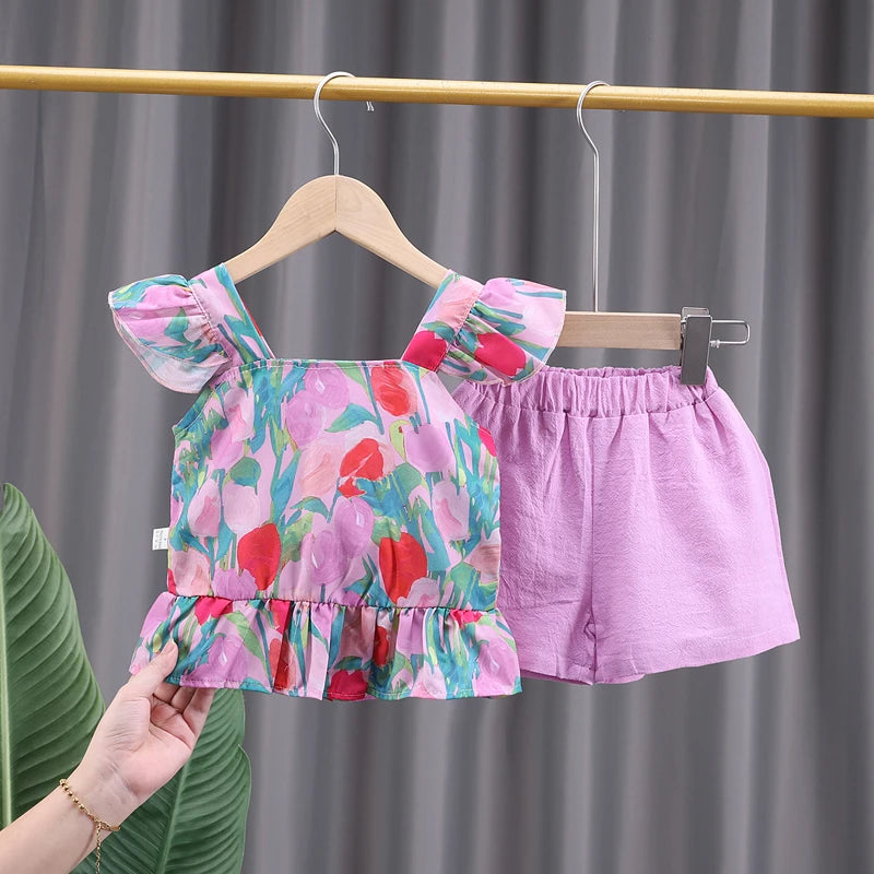 Baby Girls Summer 2-Piece Set Ruffle Floral Top & Shorts
