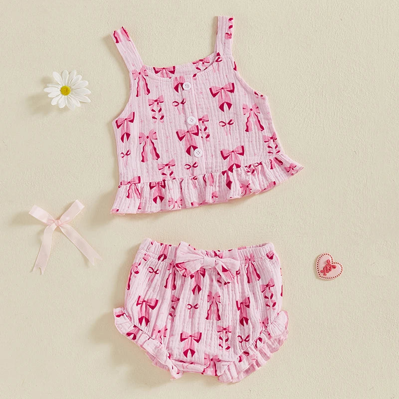 2 Piece Outfits Sleeveless Bow Print and Tank Tops