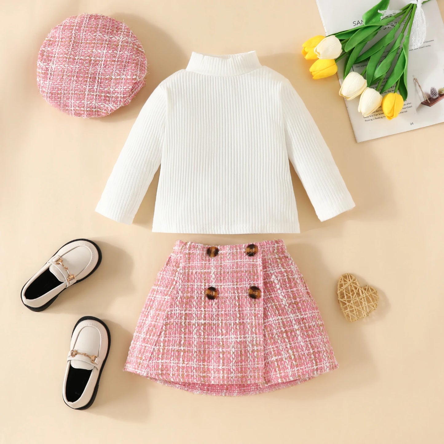 Baby Girls Clothes Sets Tops and Plaid Skirt with Beret