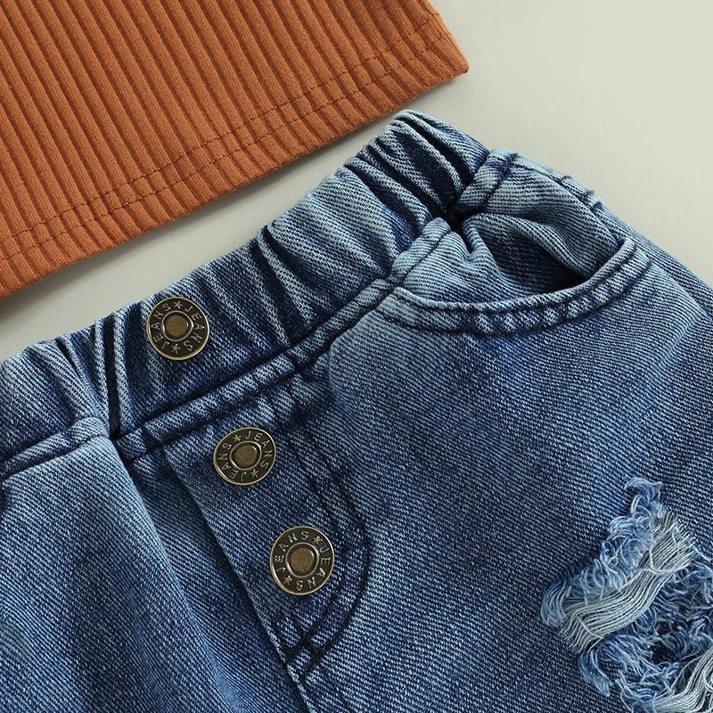 Girls Sleeveless Camisole & Ripped Jeans Outfit Set