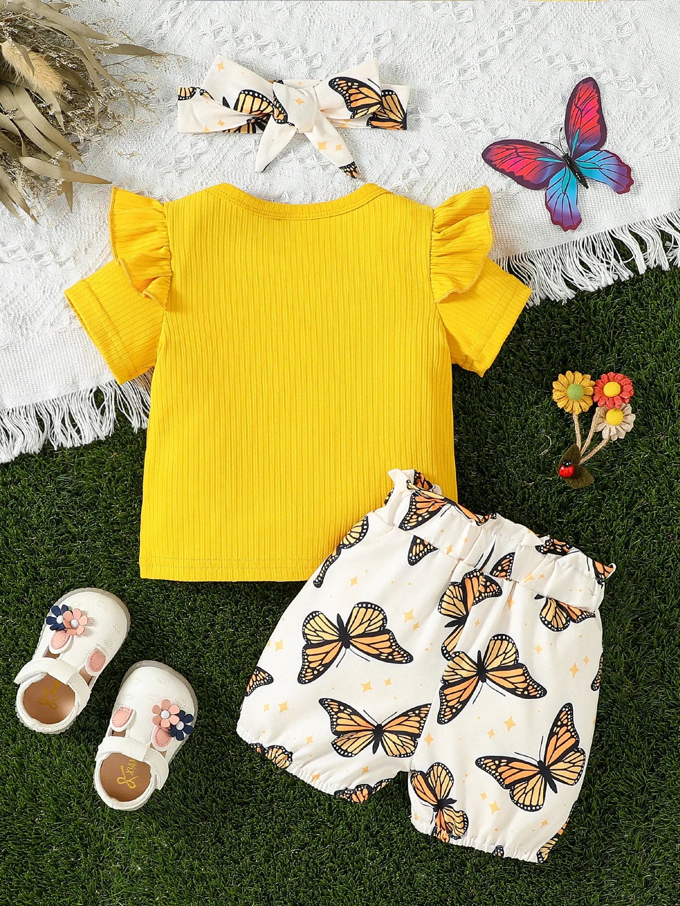 Yellow Shirt Butterfly Shorts Set