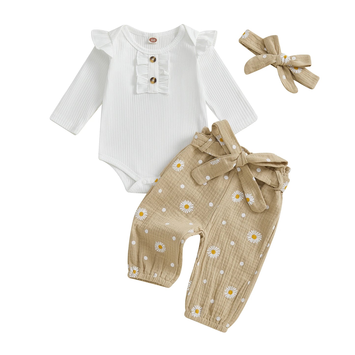 Ruffled Long Sleeve Romper + Daisy Print Pants + Bow Headband + Belt