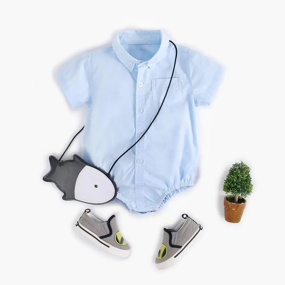 Baby Boy  Button Collar Short Sleeve Romper
