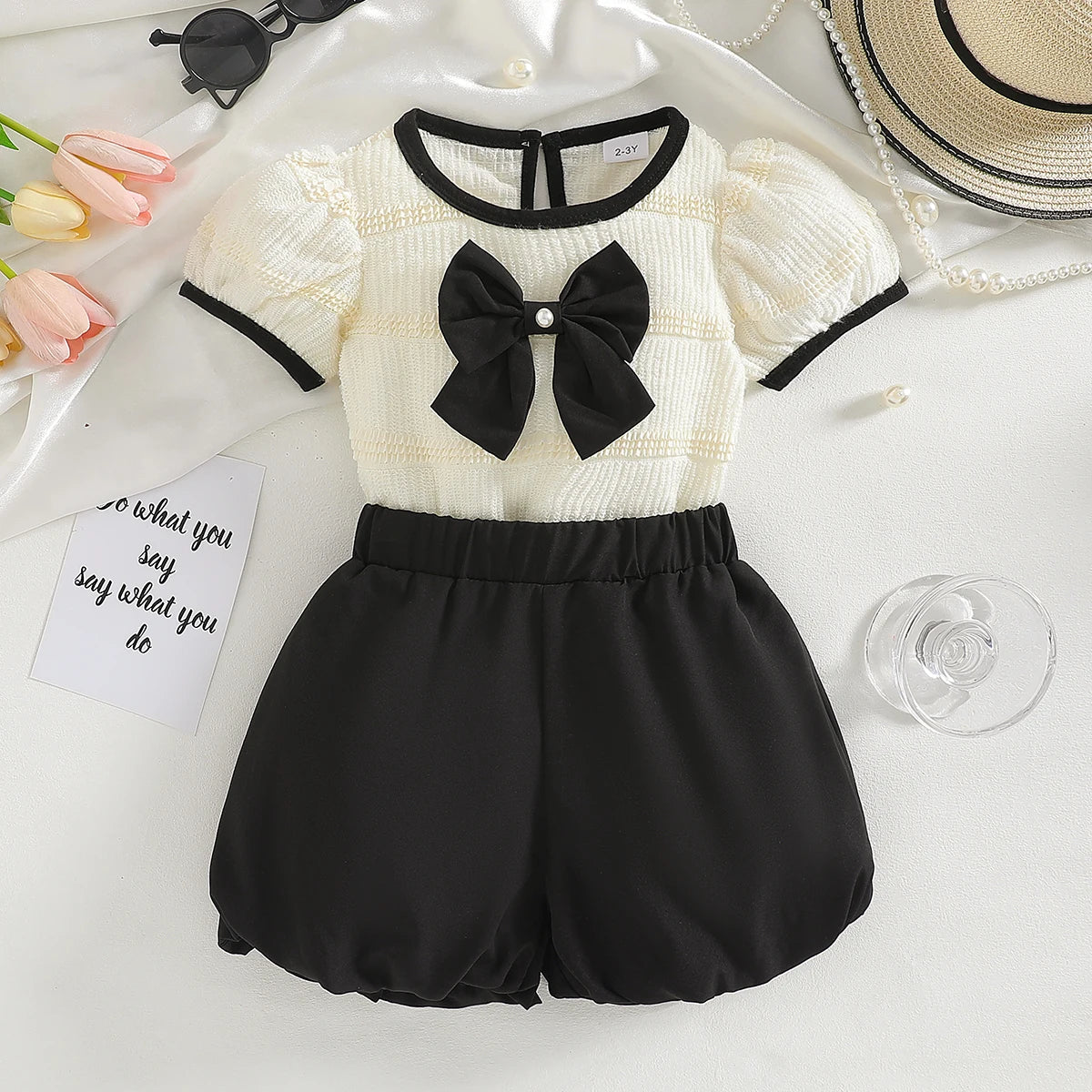 2PCS Puff Sleeve Bow Blouse & Shorts Set