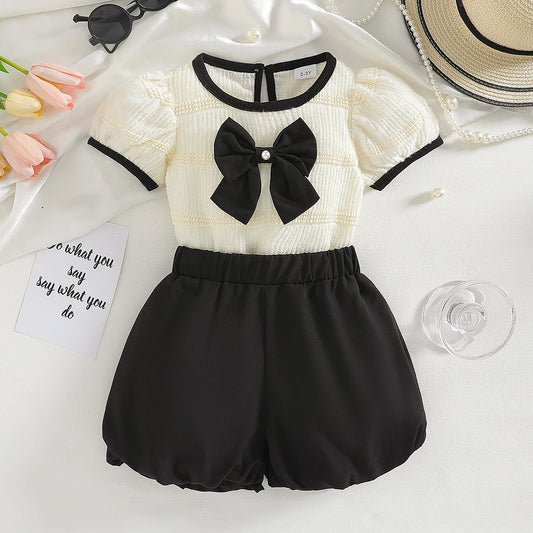 2PCS Puff Sleeve Bow Blouse & Shorts Set