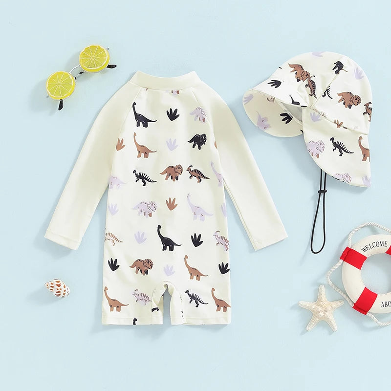 Dinosaur Print Long Sleeve Swimwear + Sun Hat