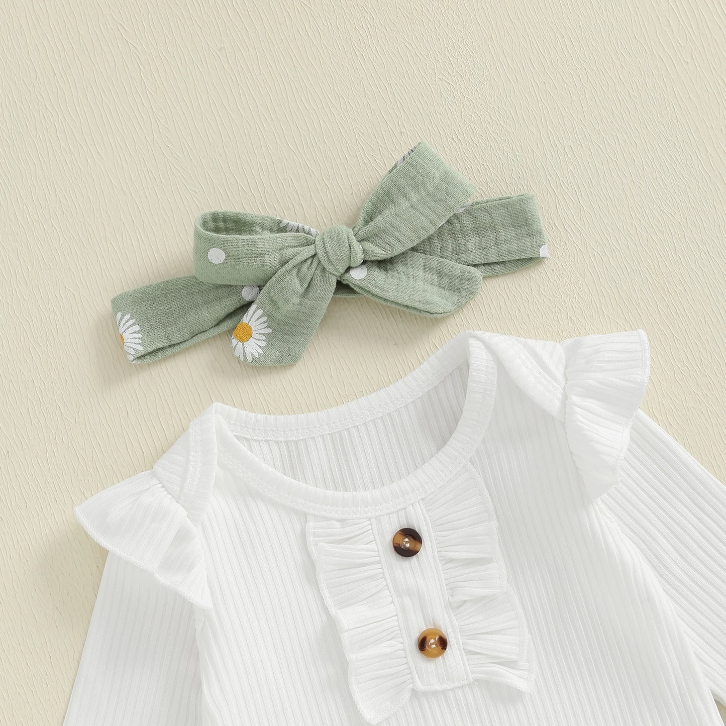 Ruffled Long Sleeve Romper + Daisy Print Pants + Bow Headband + Belt