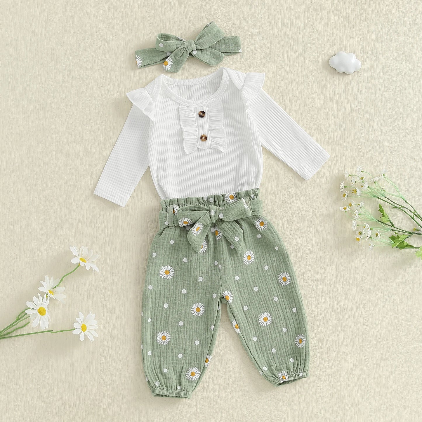 Ruffled Long Sleeve Romper + Daisy Print Pants + Bow Headband + Belt