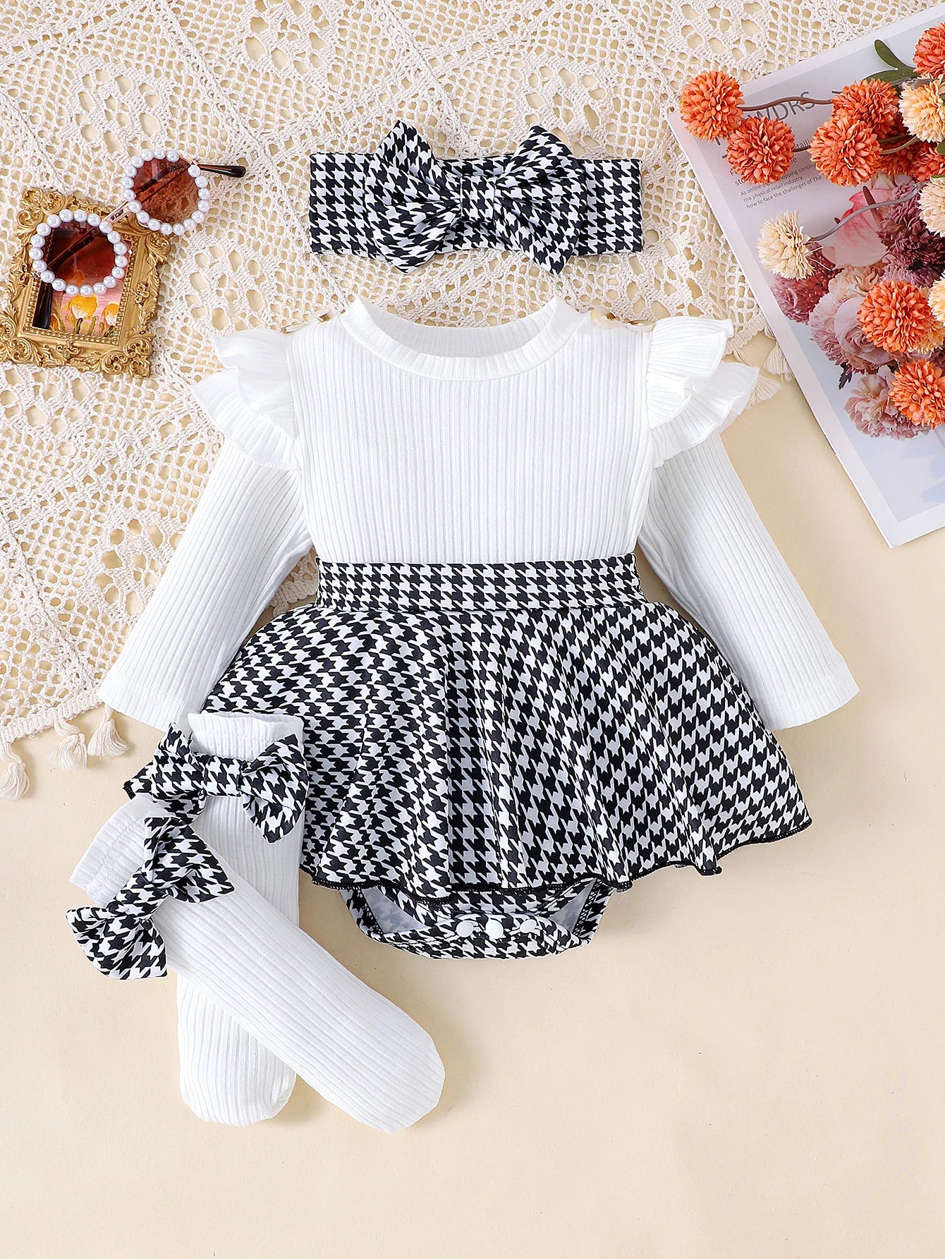 Baby Girl Autumn Outfit – Black Top + Houndstooth Skirt with Hair Band