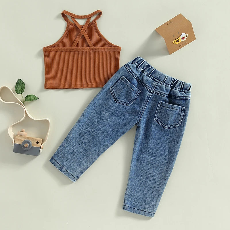 Girls Sleeveless Camisole & Ripped Jeans Outfit Set
