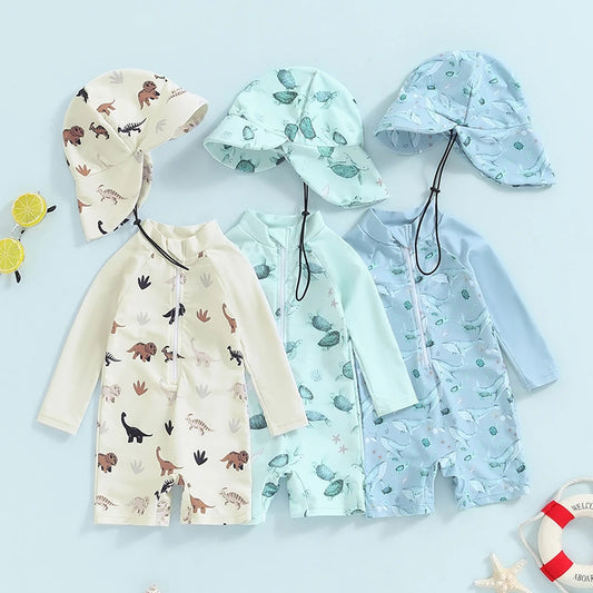 Dinosaur Print Long Sleeve Swimwear + Sun Hat