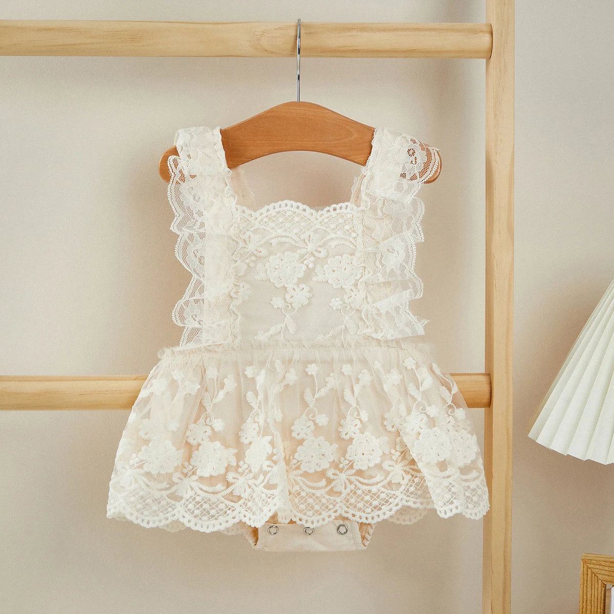 Baby Girl Princess Lace Romper with Layered Skirt & Snap Bottom