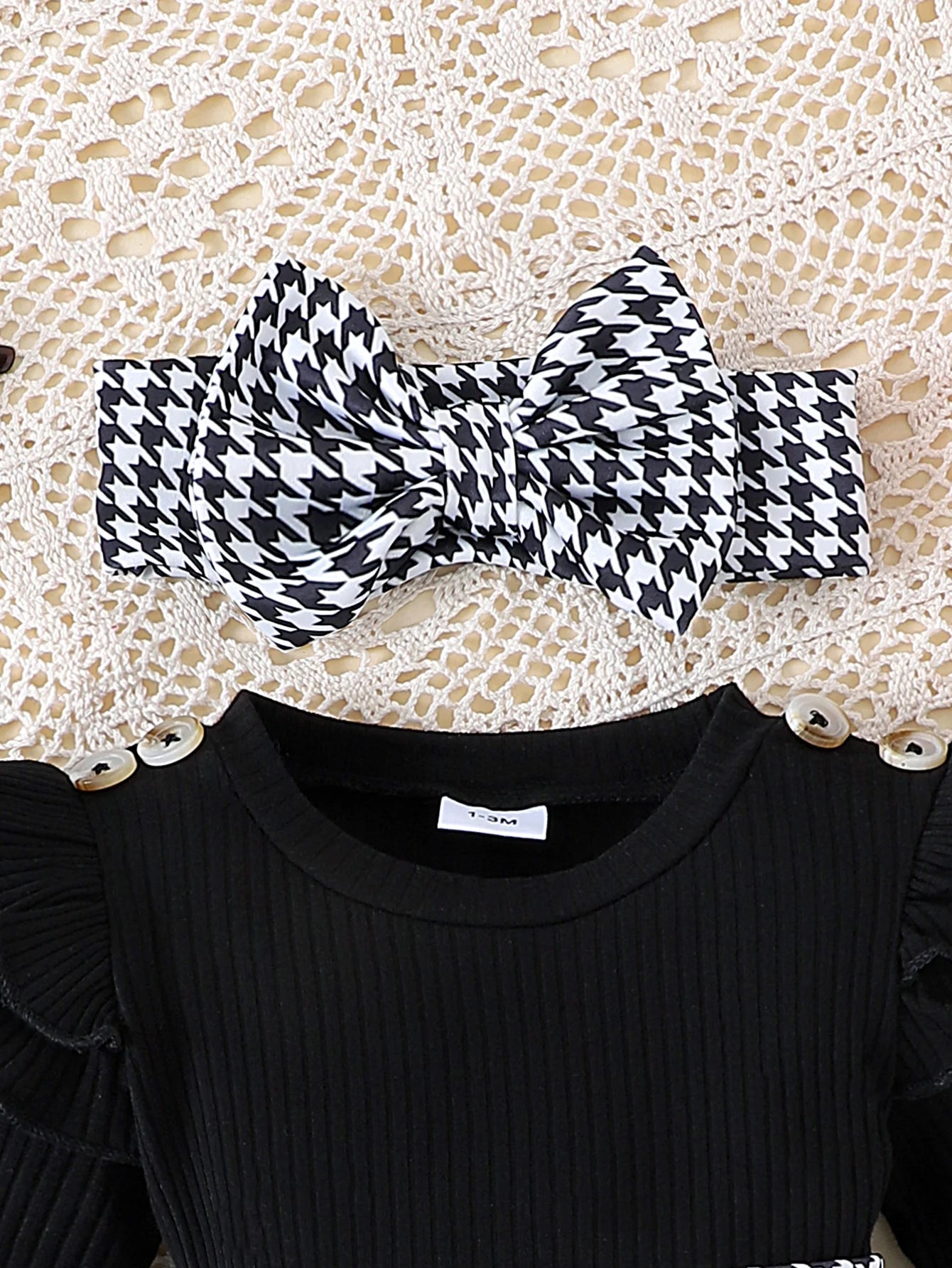 Baby Girl Autumn Outfit – Black Top + Houndstooth Skirt with Hair Band
