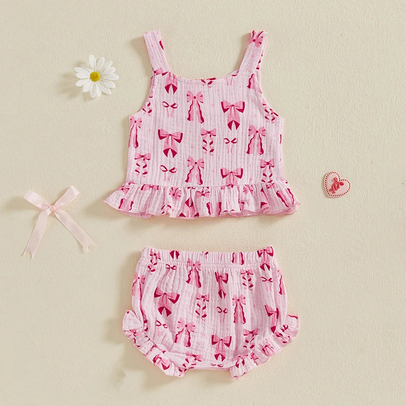 2 Piece Outfits Sleeveless Bow Print and Tank Tops