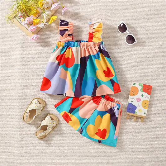 Graffiti Print Top with Ruffle Sleeves & Shorts