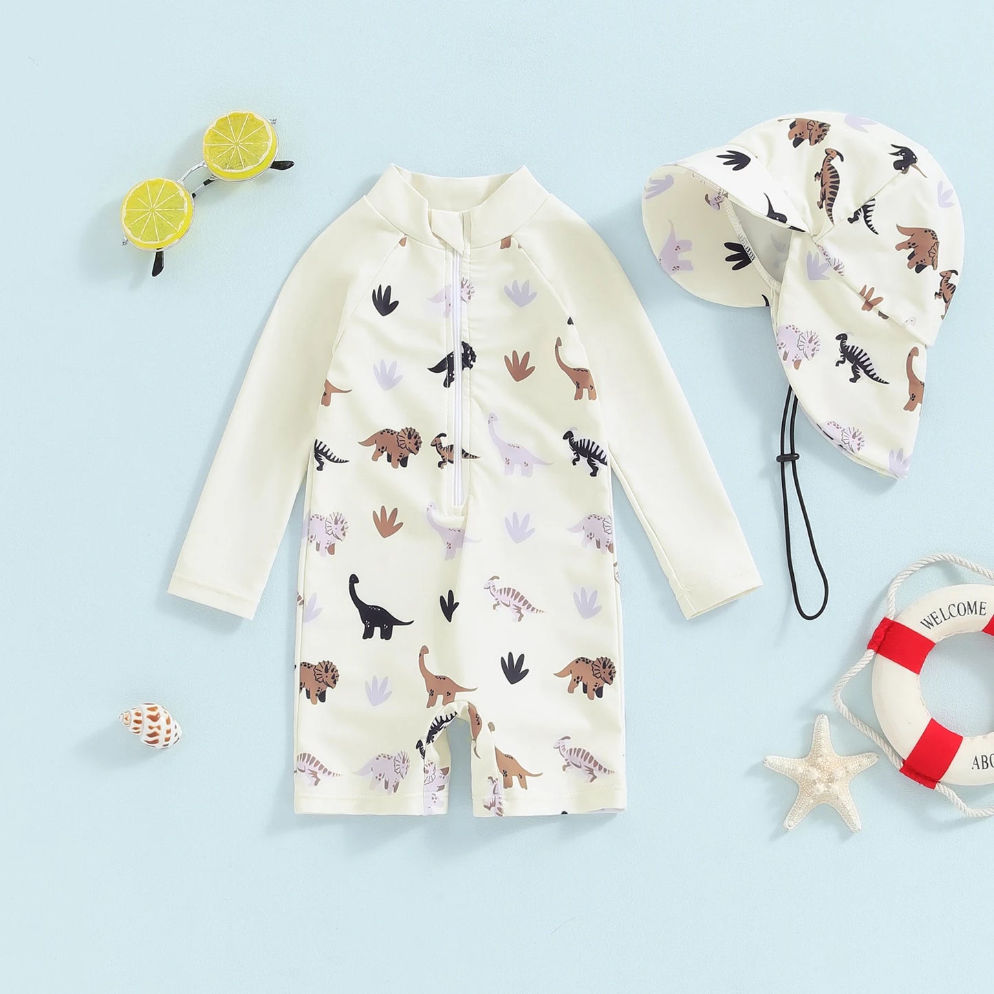 Dinosaur Print Long Sleeve Swimwear + Sun Hat