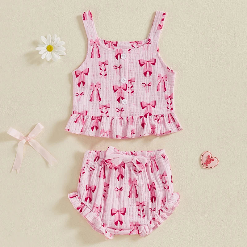 2 Piece Outfits Sleeveless Bow Print and Tank Tops