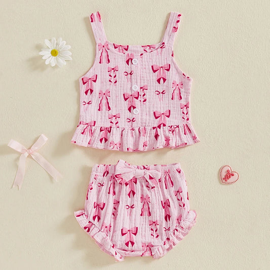 2 Piece Outfits Sleeveless Bow Print and Tank Tops
