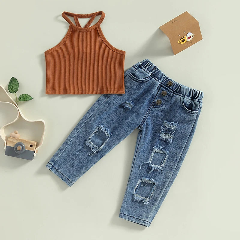 Girls Sleeveless Camisole & Ripped Jeans Outfit Set