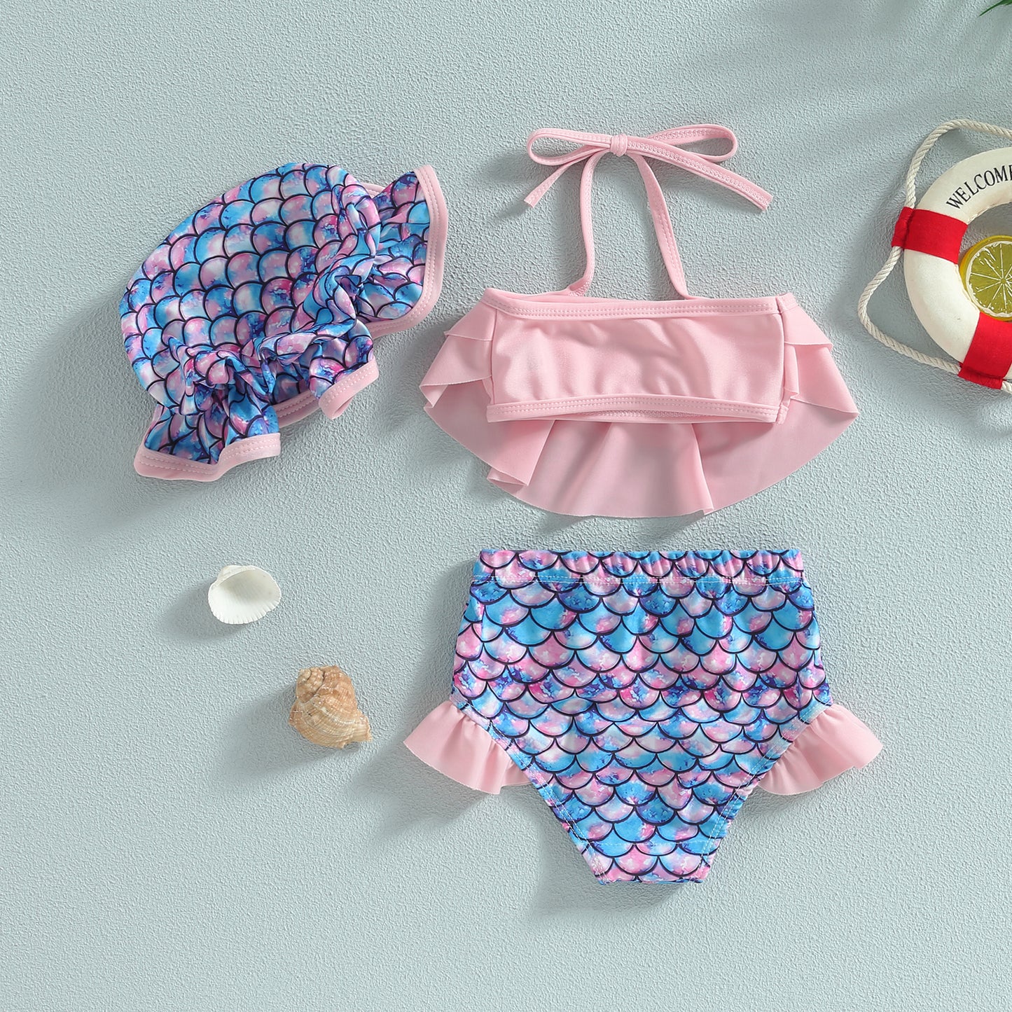 Sweet Baby 3-Piece Bikini | Girls Halter Swimsuit with Matching Hat