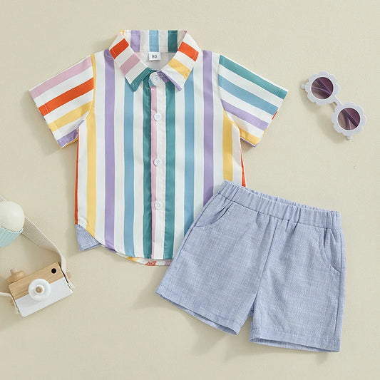 Baby Boys Casual Summer Set – Striped Short Sleeve Shirt & Elastic Waist Shorts