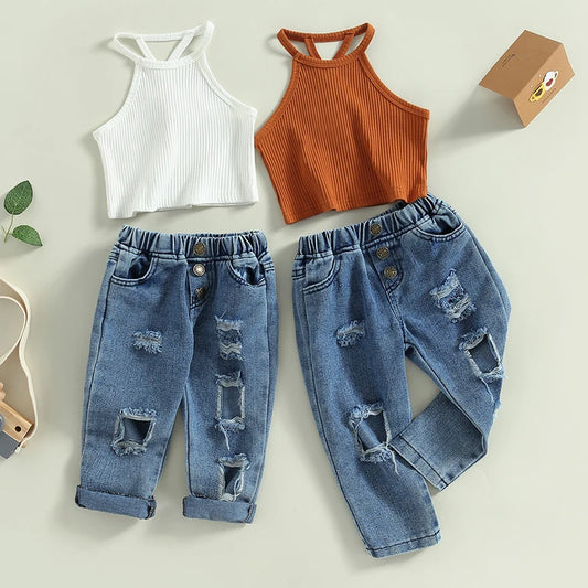 Girls Sleeveless Camisole & Ripped Jeans Outfit Set
