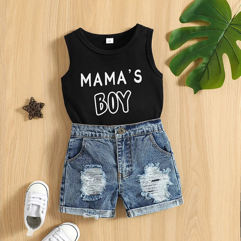 Baby Boy Sleeveless Tank & Ripped Denim Shorts Set