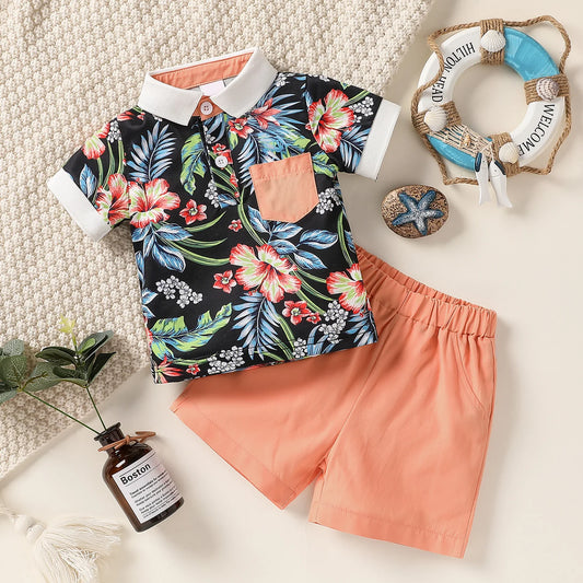 Baby Boys 2Pcs Short Sleeve Top with Floral Pocket and  Pants Set