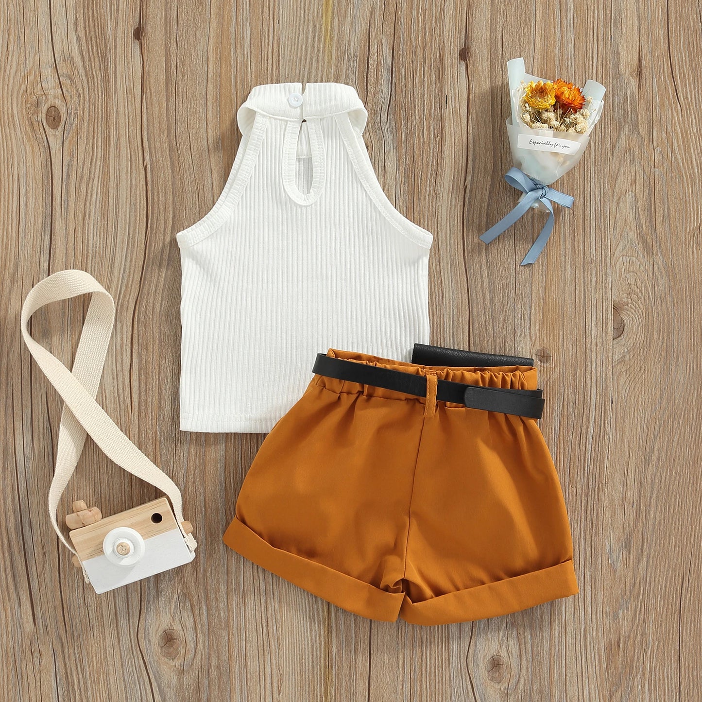 Baby Girls Sleeveless Halter Tops with Shorts and Waist Bag