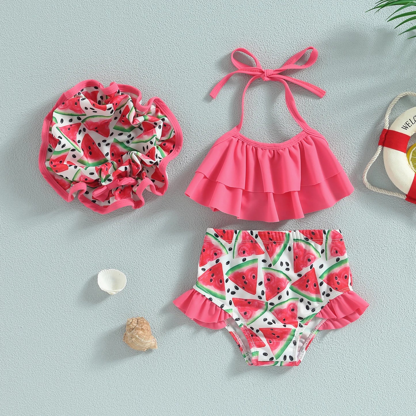 Sweet Baby 3-Piece Bikini | Girls Halter Swimsuit with Matching Hat